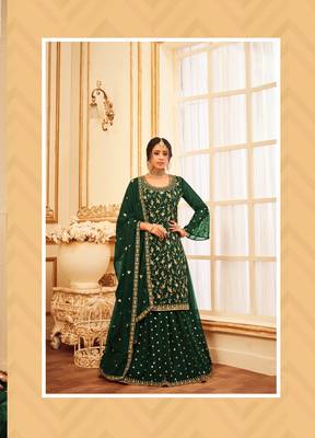 Green Designer Jari,Sequance Embroidery Work Georgette unstitched Long Length Kameez Sharara wedding wear salwar suit 1