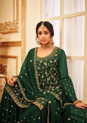 Green Designer Jari,Sequance Embroidery Work Georgette unstitched Long Length Kameez Sharara wedding wear salwar suit 2