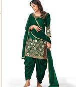 Green Designer Real Mirror Embroidery Work Bitalian Soft Silk unstitched Long Length Kameez Dhoti silk salwar suit