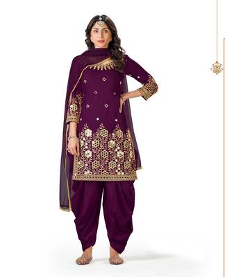 Purple Designer Real Mirror Embroidery Work Bitalian Soft Silk unstitched Long Length Kameez Dhoti silk salwar suit 1