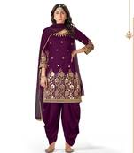 Purple Designer Real Mirror Embroidery Work Bitalian Soft Silk unstitched Long Length Kameez Dhoti silk salwar suit