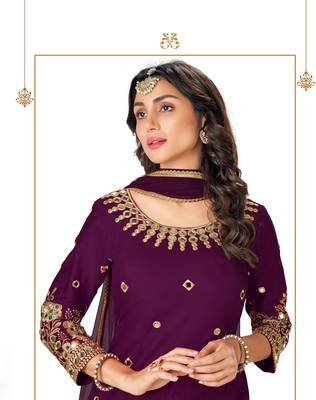Purple Designer Real Mirror Embroidery Work Bitalian Soft Silk unstitched Long Length Kameez Dhoti silk salwar suit 2