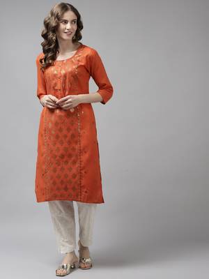Orange embroidered cotton ethnic-kurtis 1