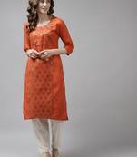 Orange embroidered cotton ethnic-kurtis