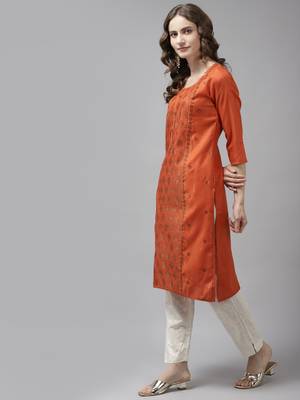 Orange embroidered cotton ethnic-kurtis 3