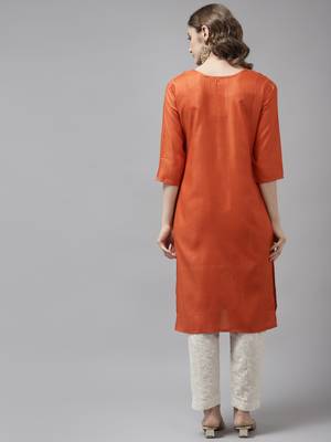 Orange embroidered cotton ethnic-kurtis 4