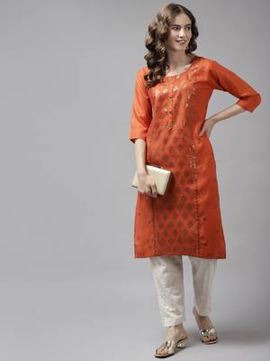 Orange embroidered cotton ethnic-kurtis 5