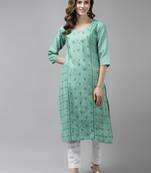 Turquoise embroidered cotton ethnic-kurtis