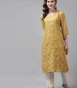 Yellow embroidered cotton ethnic-kurtis