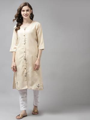 Beige embroidered cotton ethnic-kurtis 1
