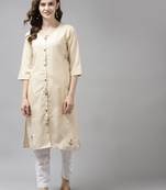 Beige embroidered cotton ethnic-kurtis