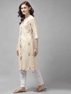 Beige embroidered cotton ethnic-kurtis 3