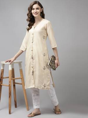Beige embroidered cotton ethnic-kurtis 5