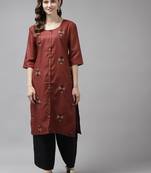 Maroon embroidered cotton ethnic-kurtis