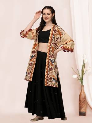 Beige organic cotton long fancy embroidered ethnic jacket free size 1