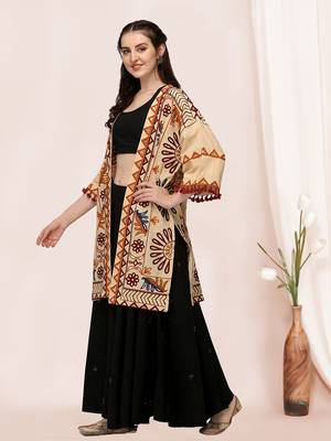 Beige organic cotton long fancy embroidered ethnic jacket free size 2