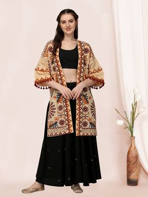 Beige organic cotton long fancy embroidered ethnic jacket free size 3