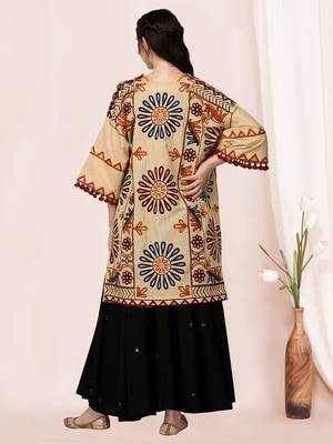 Beige organic cotton long fancy embroidered ethnic jacket free size 4