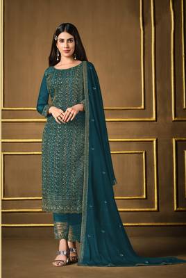 Dark-teal embroidered faux silk salwar 1