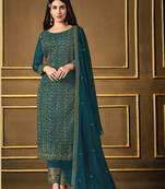 Dark-teal embroidered faux silk salwar