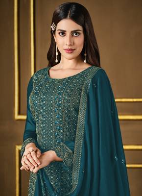 Dark-teal embroidered faux silk salwar 2