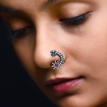 Vighnaharta Oxidised Gold with Artificial stone and Maharashtrian Nath Nathiya./ Nose Pin for women-VFJ1042NTH-Press 2