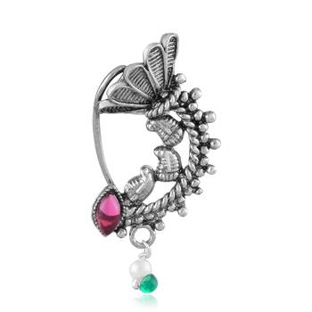 Vighnaharta Oxidised Gold with Artificial stone and Red Maharashtrian Nath Nathiya.Nose Pin for women-VFJ1045NTH-Press 1