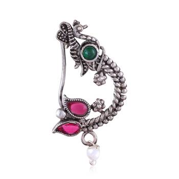 Vighnaharta Oxidised Gold with Artificial stone and Maharashtrian Nath Nathiya. Nose Pin for women-VFJ1049NTH-Press 1