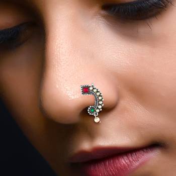 Vighnaharta Oxidised Gold with Artificial stone. Maharashtrian banu Nath Nathiya.Nose Pin for women - VFJ1051NTH-Press 2