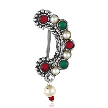 Vighnaharta Oxidised Gold with Artificial stone and Maharashtrian Nath Nathiya.Nose Pin for women - VFJ1053NTH-Press 1