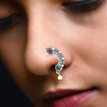 Vighnaharta Oxidised Gold with Artificial stone and Maharashtrian Nath Nathiya./ Nose Pin for women - VFJ1054NTH-Press 2