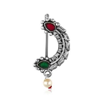 Vighnaharta Oxidised Gold with Artificial stone and Maharashtrian Nath Nathiya./ Nose Pin for women - VFJ1056NTH-Press 1