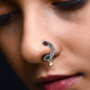 Vighnaharta Oxidised Gold with Artificial stone and Maharashtrian Nath Nathiya./ Nose Pin for women - VFJ1056NTH-Press 2