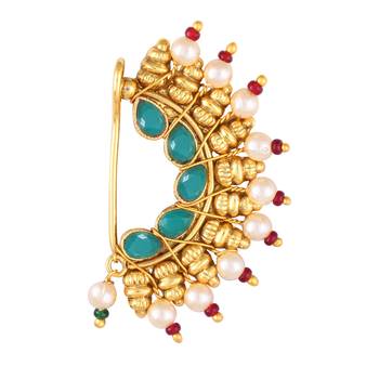 Vighnaharta Maharastrian Culture Nath Gold. work Guchhedar Nose Pin for Women and Girls- (VFJ1061NTH-Press-Green) 1