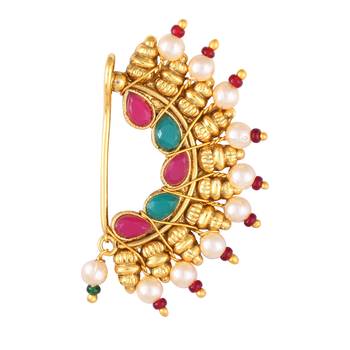 Vighnaharta Maharastrian Culture Nath Gold . work Guchhedar Nose Pin for Women and Girls- (VFJ1061NTH-Press-Multi) 1