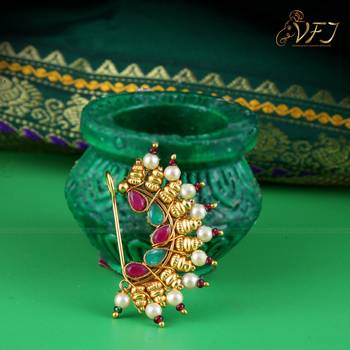 Vighnaharta Maharastrian Culture Nath Gold . work Guchhedar Nose Pin for Women and Girls- (VFJ1061NTH-Press-Multi) 3