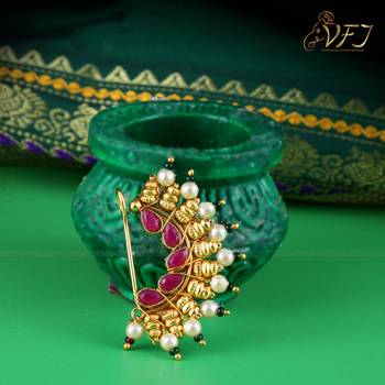 Vighnaharta Maharastrian Culture Nath Gold. work Guchhedar Nose Pin for Women and Girls- (VFJ1061NTH-Press-Red) 3