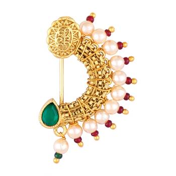 Vighnaharta Maharastrian Culture Nath Gold   work Guchhedar Nose Pin for Women and Girls- (VFJ1066NTH-Press-Green) 1