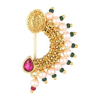 Vighnaharta Maharastrian Culture Nath Gold   work Guchhedar Nose Pin for Women and Girls- (VFJ1066NTH-Press-Red) 1