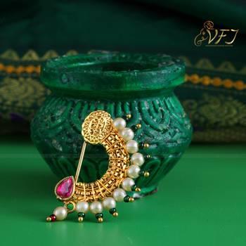 Vighnaharta Maharastrian Culture Nath Gold   work Guchhedar Nose Pin for Women and Girls- (VFJ1066NTH-Press-Red) 3