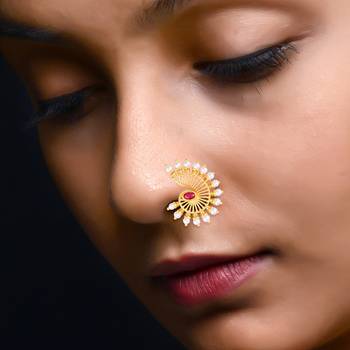 Vighnaharta Maharastrian Culture Nath Gold   work Guchhedar Nose Pin for Women and Girls VFJ1070NTH-Press 2