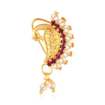 Vighnaharta Gold Plated with   CZ stone Piercing Maharashtrian Nath Nathiya./ Nose Pin for women  [VFJ1078NTH-TAR-Red ] 1