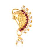 Vighnaharta Gold Plated with   CZ stone Piercing Maharashtrian Nath Nathiya./ Nose Pin for women  [VFJ1078NTH-TAR-Red ]