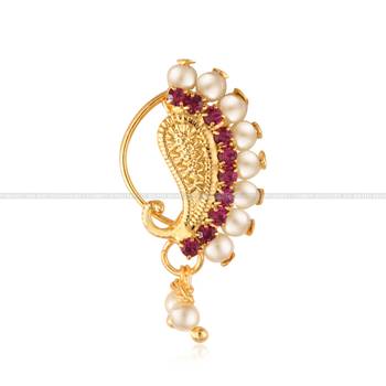 Vighnaharta Gold Plated with   CZ stone Piercing Maharashtrian Nath Nathiya./ Nose Pin for women  [VFJ1078NTH-TAR-Red ] 3