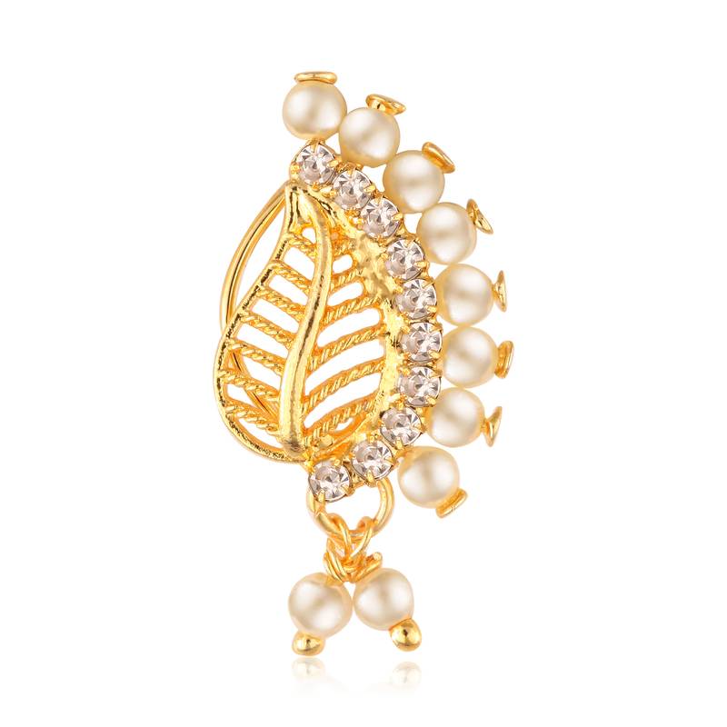 Vighnaharta Gold Plated with CZ stone Non Piercing Maharashtrian Nath Nathiya. Nose Pin for women VFJ1084NTH-Press-White