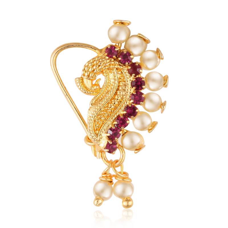 Vighnaharta Gold Plated with   CZ stone Piercing Maharashtrian Nath Nathiya./ Nose Pin for women  [VFJ1088NTH-TAR-Red ]
