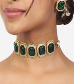 Gold Finish Green Choker Necklace And Earrings Set
