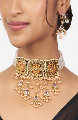 Orange Kundan Polki Choker Necklace And Earrings Set 1