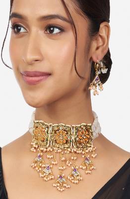 Orange Kundan Polki Choker Necklace And Earrings Set 2