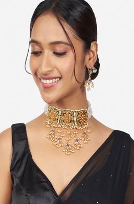 Orange Kundan Polki Choker Necklace And Earrings Set 3